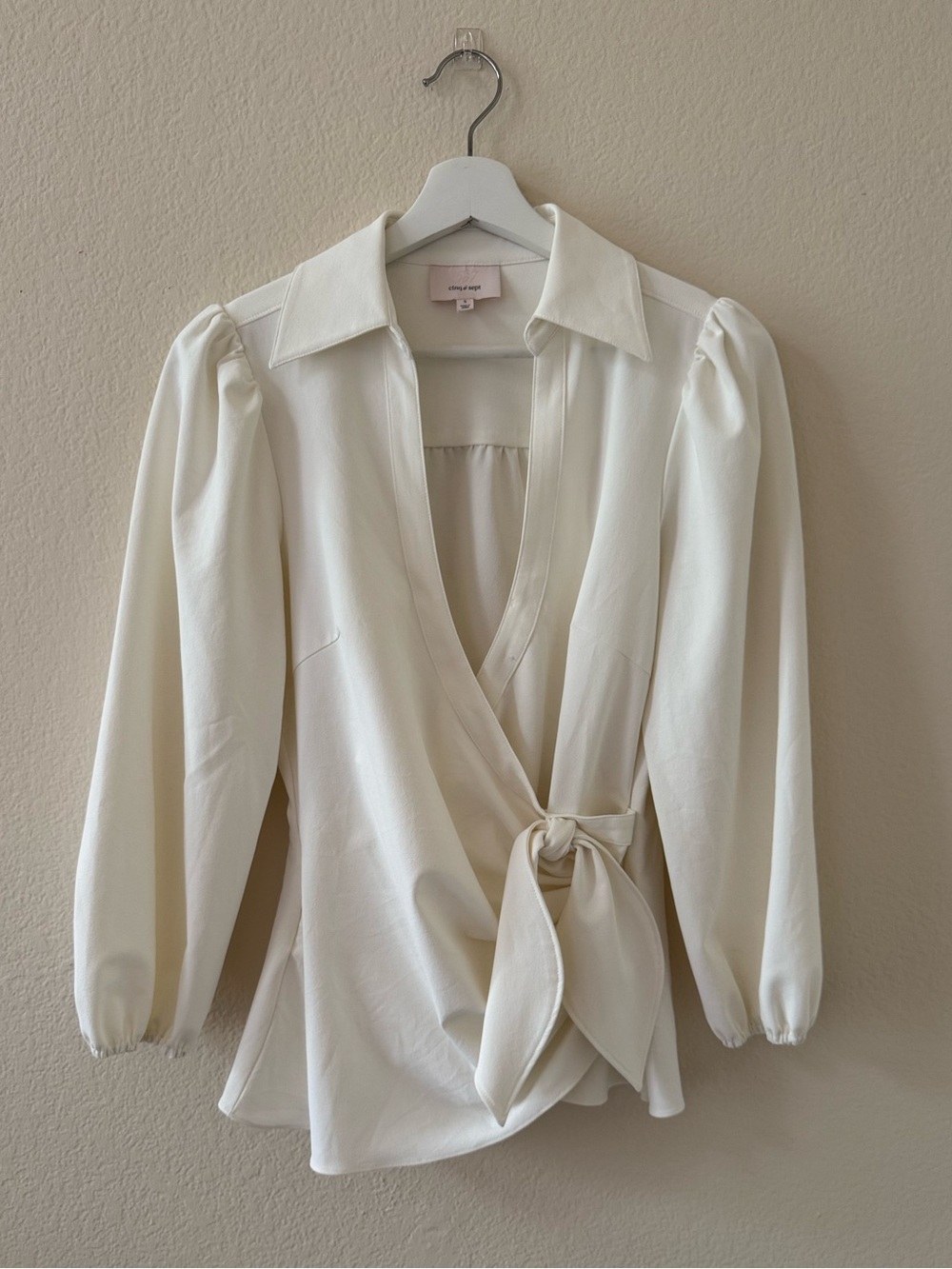cinq a sept Cream Wrap Blouse with Tie Waist